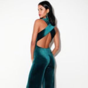 NWT - Luxe Dark Teal Velvet Backless Jumpsuit